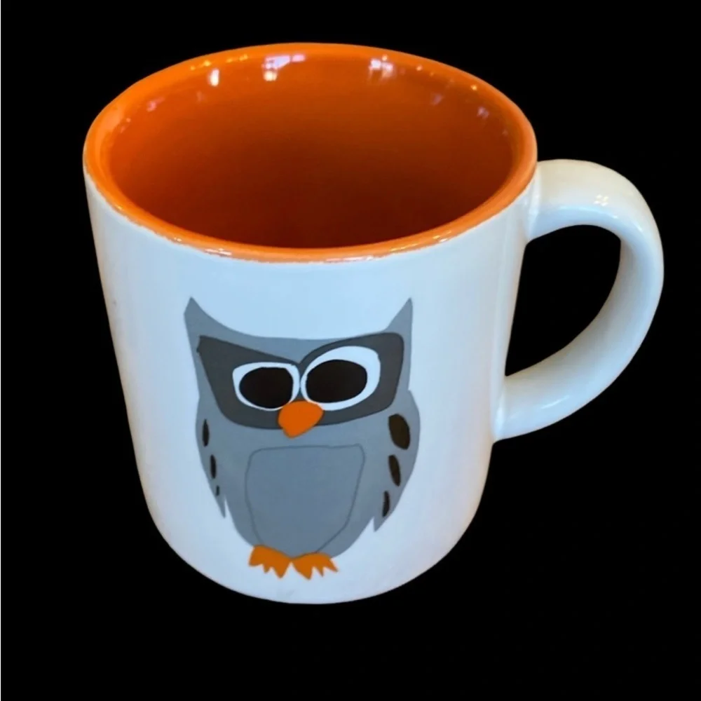 Crate & Barrell small grey owl mug. 8 ounce capacity. White w/orange interior.